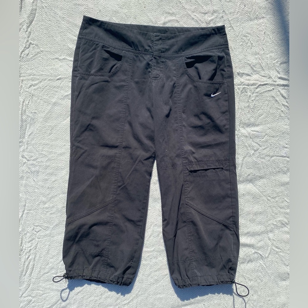 Size Medium - Black Cropped Nike Track Pants With Ankle Drawstrings & Embroidery